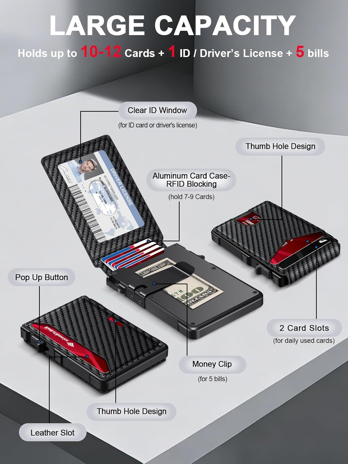 Summer Wins-Minimalist Men’s Slim Wallet: 9 - 13 Cards, Money Clip, ID Window. RFID - Blocking, Aluminum Bifold Pop